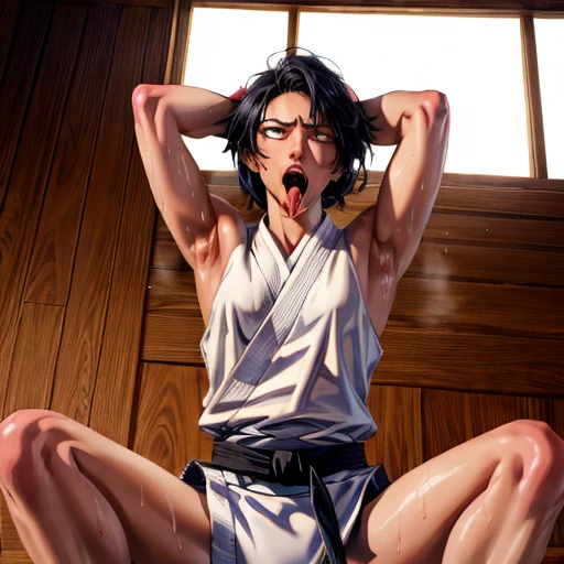 ((((masterpiece, best quality, high resolution)))), Extremely detailed 8K, 1 female, wearing a white Karate gi, (ahegao),white eyes, Small breasts,full body, kneeling, tired, (muscle:1.4), japanese clothes,  No underwear,No eyeballs, Facing the audience, looking at the audience, tired, from below, (Exposed armpit:1.1), ((armpit:1.2)), sexy, Sweating, More and more sweat,(ahegao), (Roll your eyes),  open mouth, Sticking out tongue, saliva, Slobber,Skinny, raise arms, (arms above head:1.5)(Ultra HD, Ultra-detailed, Highly detailed, Highly realistic, Ultra-realistic, photograph realistic), (1girl:1.5), (Realistic black hair), (dynamic poses), facing at camera, looking at viewer, (slightly serious face), (perky breasts:1.2), (beautiful detailed face, beautiful detailed eyes), ((worn out karate gi)), (preparing for a fight), sweat, glow, (sunbeam, sunlight), ((cowboy shot)), inside a training gym, seductive, EnvyBetterHands LoCon,