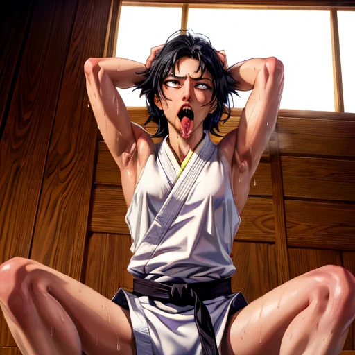 ((((masterpiece, best quality, high resolution)))), Extremely detailed 8K, 1 female, wearing a white Karate gi, (ahegao),white eyes, Small breasts,full body, kneeling, tired, (muscle:1.4), japanese clothes,  No underwear,No eyeballs, Facing the audience, looking at the audience, tired, from below, (Exposed armpit:1.1), ((armpit:1.2)), sexy, Sweating, More and more sweat,(ahegao), (Roll your eyes),  open mouth, Sticking out tongue, saliva, Slobber,Skinny, raise arms, (arms above head:1.5)(Ultra HD, Ultra-detailed, Highly detailed, Highly realistic, Ultra-realistic, photograph realistic), (1girl:1.5), (Realistic black hair), (dynamic poses), facing at camera, looking at viewer, (slightly serious face), (perky breasts:1.2), (beautiful detailed face, beautiful detailed eyes), ((worn out karate gi)), (preparing for a fight), sweat, glow, (sunbeam, sunlight), ((cowboy shot)), inside a training gym, seductive, EnvyBetterHands LoCon,