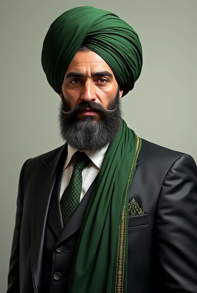 ILYAS Qadri with green turban in three piece suit with long beard