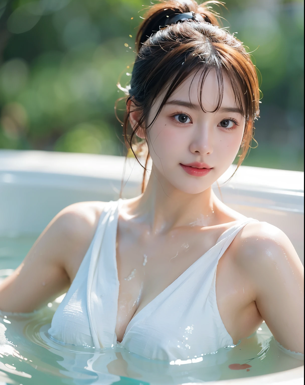 16K, 8K, masterpiece, Top quality, (wrapped in bath towel), ultra-detailed, an extremely delicate and beautiful,  (wet skin), (in the bath), (steamy atmosphere), 1 beautiful woman,35mm lens, f/1, (natural lighting:1.1), (upper body shot), hot spring, large chest, A slight smile, Ponytail