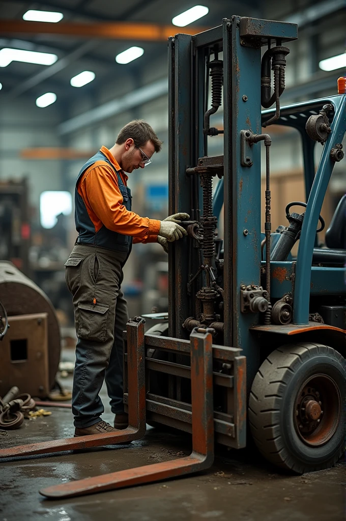 Technician performing maintenance on forklift
