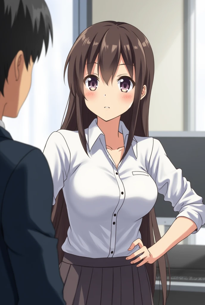 A Japanese female anime character shows her breasts to her boss at work. The boss says, “By any chance, can I suck your breasts?”?”