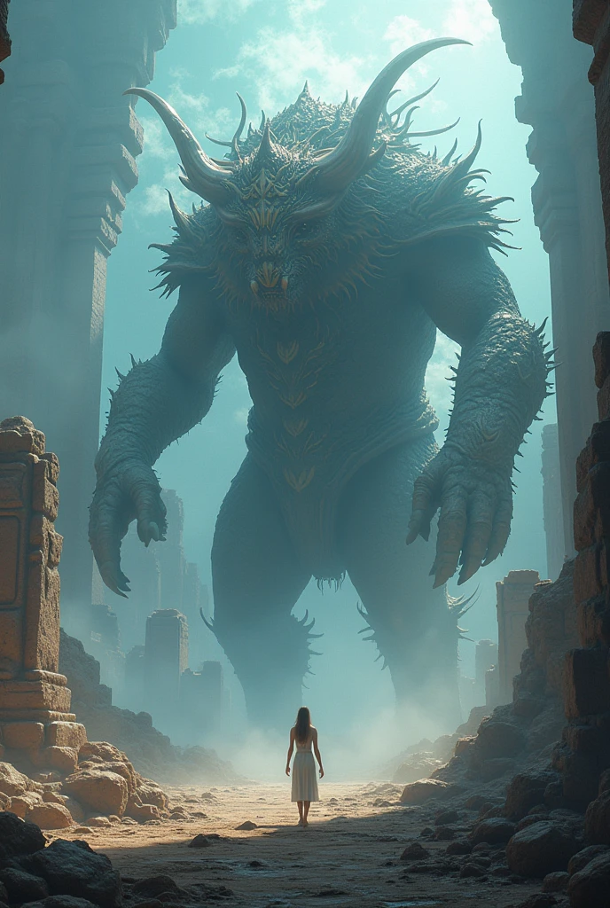 A fantastical, hyper-realistic depiction of a colossal, ancient divine beast with intricate, otherworldly features. The scene is set in a mystical, ancient landscape adorned with grand architecture and celestial elements. Tiny, insignificant figures are included to emphasize the immense size of the creature. The image should feature dreamlike colors and magical lighting, creating an awe-inspiring and ethereal atmosphere. Rendered in ultra high definition with 16k resolution to capture every detail with breathtaking clarity.