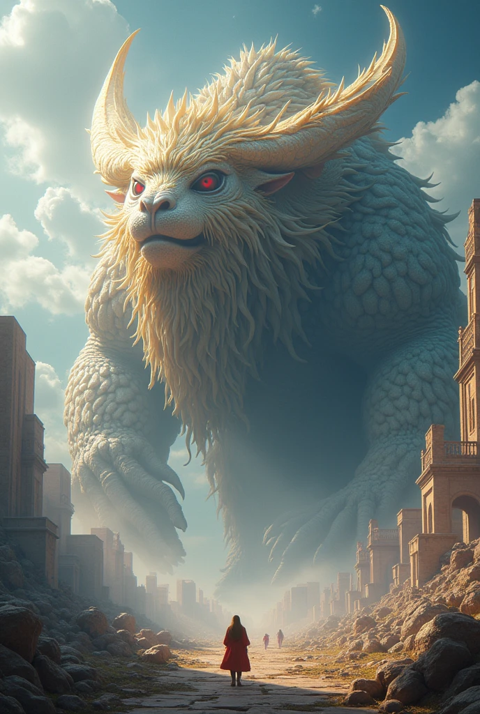 A fantastical, hyper-realistic depiction of a colossal, ancient divine beast with intricate, otherworldly features. The scene is set in a mystical, ancient landscape adorned with grand architecture and celestial elements. Tiny, insignificant figures are included to emphasize the immense size of the creature. The image should feature dreamlike colors and magical lighting, creating an awe-inspiring and ethereal atmosphere. Rendered in ultra high definition with 16k resolution to capture every detail with breathtaking clarity.