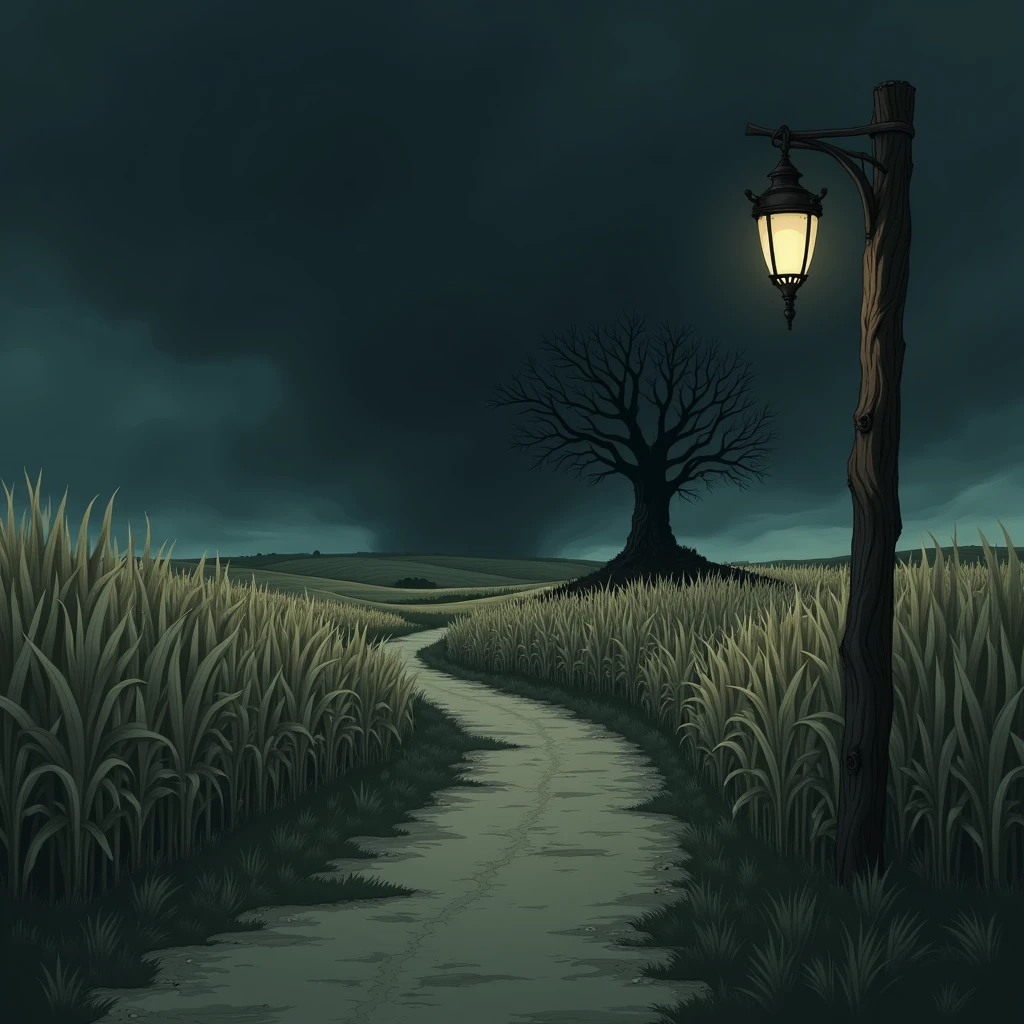 2D anime sky is black , a rough old way  in zigzag manner , both sides of way fields of corn are present ,a tree  is present, a tall lamppost wich is too much rough , fields moving like storm is coming 