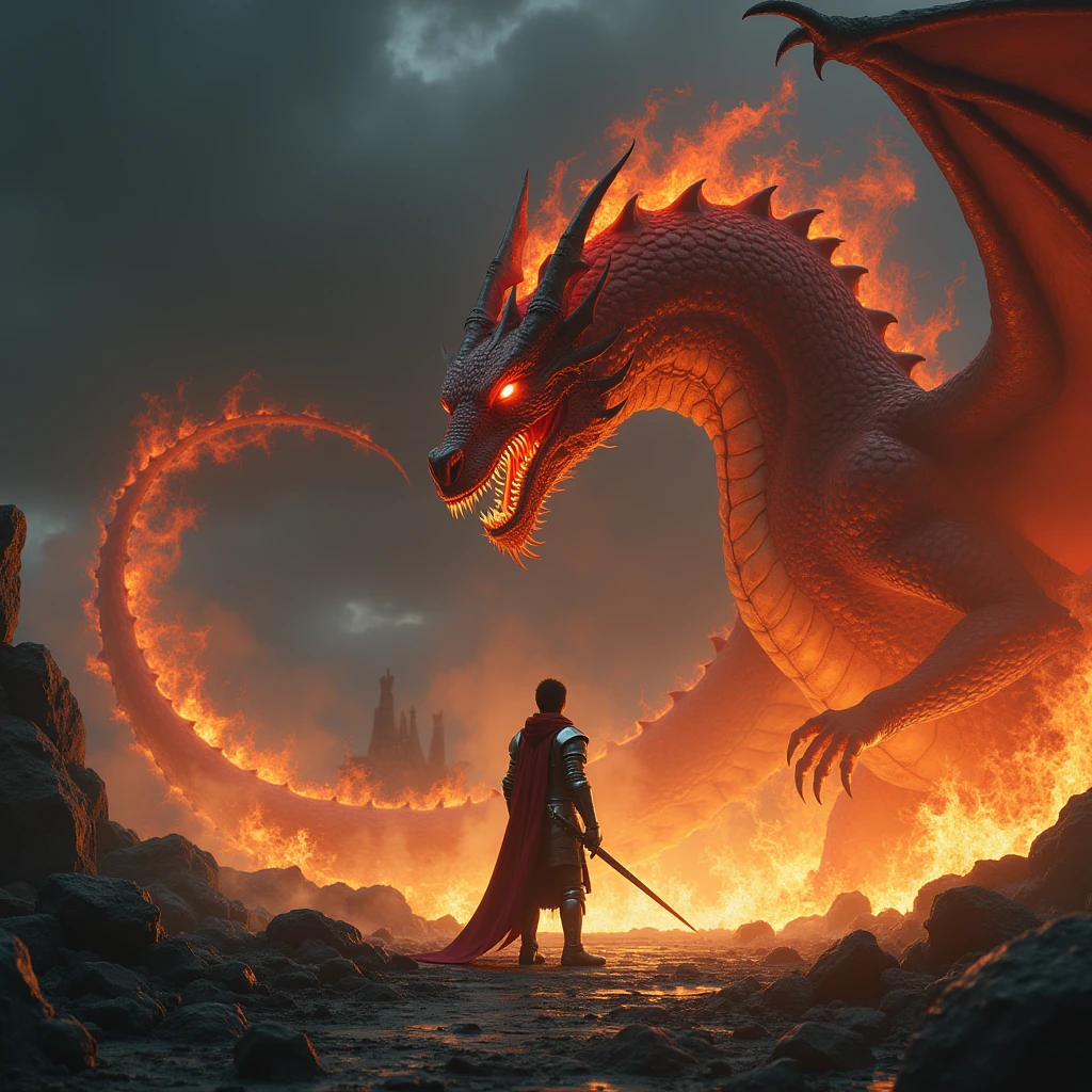 Can you draw me a fire dragon in a field with a  in torn clothes and a sword with his back to us And in the background is a castle, a white one That is just burning Everything has to be cinematic and realistic The dragon is standing in front of the child It has to be darker The dragon has to be right in front of the child The dragon has to be scary and have wings More realistic 