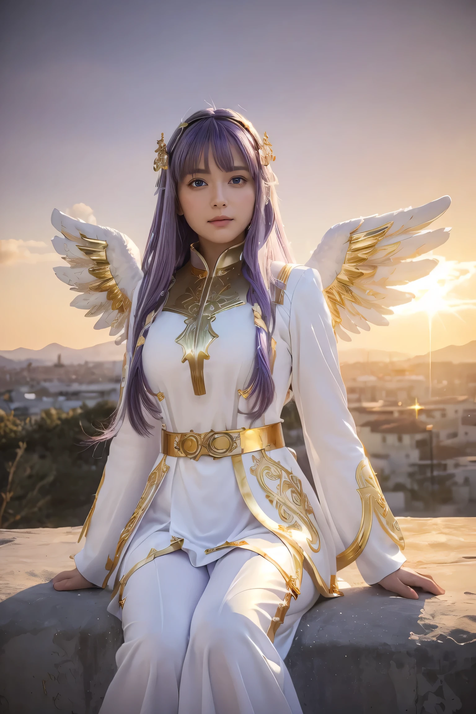 ((masterpiece, Highest quality, Very detailed), Volumetric lighting, Ambient Occlusion, colorful, Shine), 
One girl, alone, Young girl, (Purple Hair), Long Hair, Hello, aura, sacred, goddess, Cleric Suit, (White outfit with gold details:1.3), Angel Wings,
Outdoor, sunset, null, cloud, null間, (Fantasy Theme:1.2),