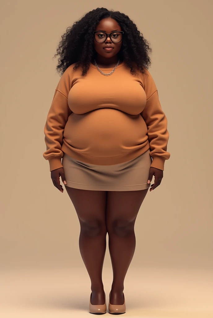 5'6, Hazel/caramel eyes, ebony brown skin that glows warmly, Curvy body with stretch marks on the stomach massive stomach that looks like I ate two full sized watermelon , thick thighs and arms, jiggly and squishy ass that moves like jello,huge tits the are just full of milk, soft facial features, plump lips as soft as peaches, birthmarks on the upper right side of my upper lip and at the outer left side of my left eye, I have a warm/calming smile, shoulder length coily hair that is usually down, I wear glasses black ones that sit a little bit low on my nose, Im wearing a short skirt, a loose sweater with stockings and some short heels.