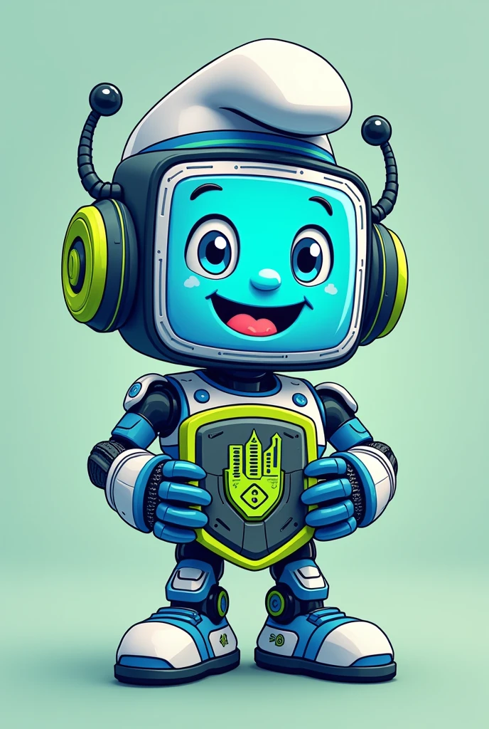 Create a cute and trendy mascot image for a school scavenger hunt, incorporating elements of technology and education. The mascot should be a friendly robot with a light blue body and a screen for a face., showing a friendly smile and big eyes. Add technological details in green and black, as circuits and elements of educational tools, like books or tablets. The mascot must be holding a school crest that includes two metal silos and use the colors green, black and blue. For a thematic touch, include elements inspired by the Smurfs, like a blue hat or character-like details. The fund must have technological elements, as circuits or graphs.