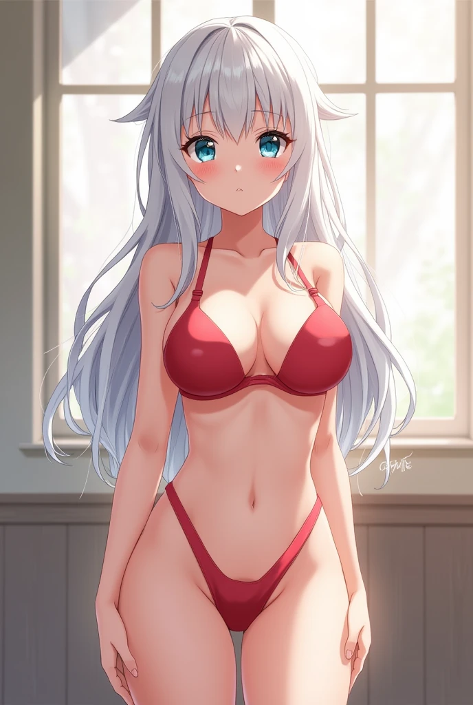 Sexy anime girl Aria with white hair and tight thighs without clothes masturbating