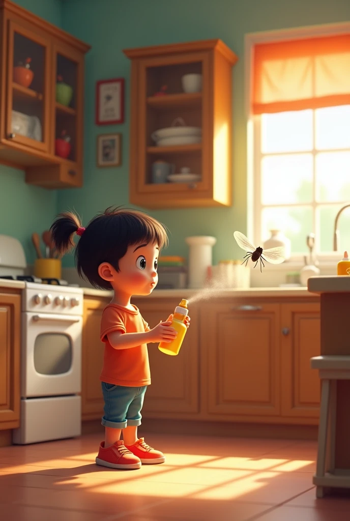create an image as if it were the third stage of a game with the theme: "kitchen: hit the mosquito" and the main character is a with an insect repellent in his hand and his objective is to hit the insect that transmits dengue fever and eliminate this vector