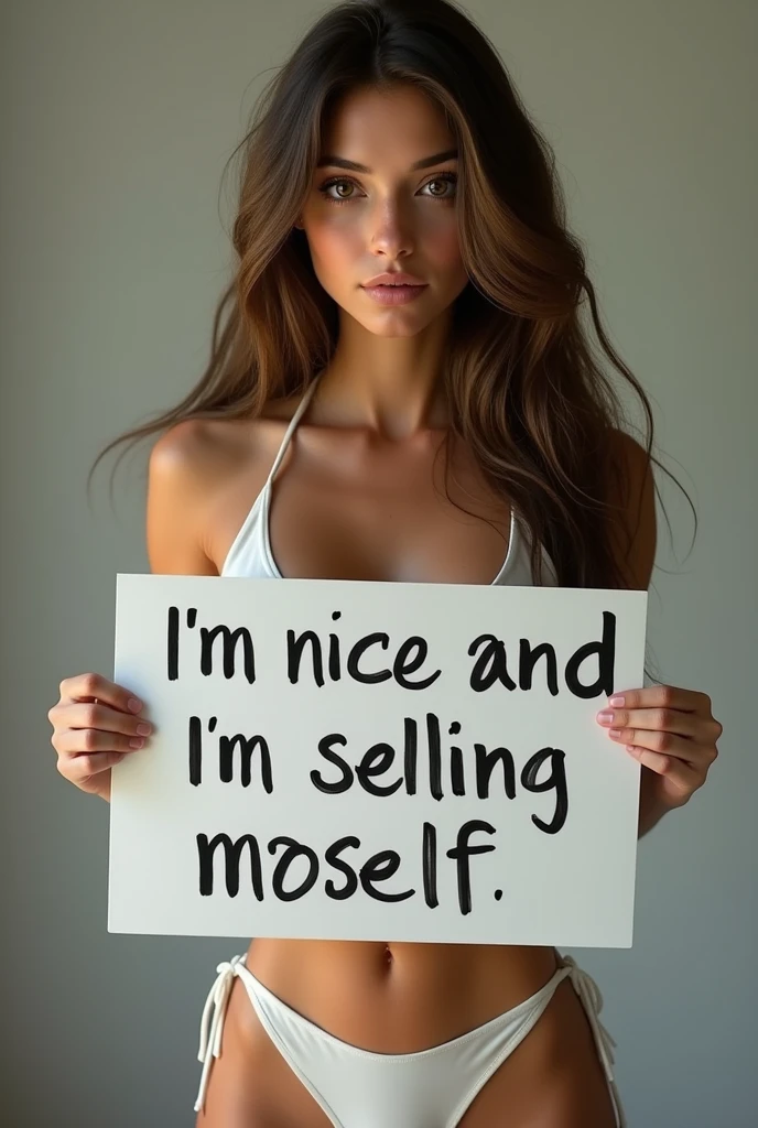 (photorealism:1.2), tall woman with fair skin, long brown hair, normal complexion big light brown eyes, in a bathing suit holding a sign that says “I&#39;m nice and I&#39;m selling myself”