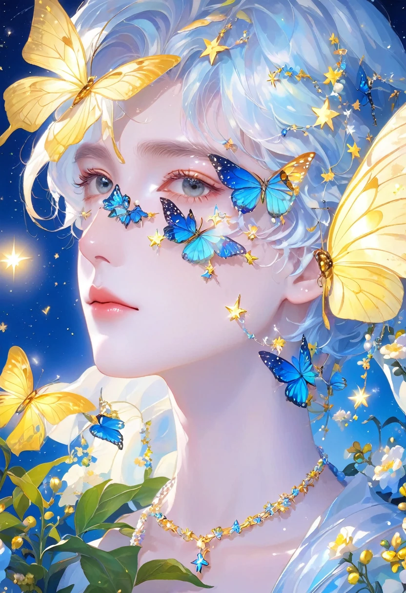 animal,blue butterfly,blue flower,bug,butterfly,butterfly hair ornament,butterfly on hand,butterfly wings,elf,facial mark,fairy,flower,glowing butterfly,jewelry,leaf,moon,necklace,plant,pointy ears,portrait,solo,star \(sky\),star \(symbol\),starry sky,white butterfly,yellow butterfly,yellow flower