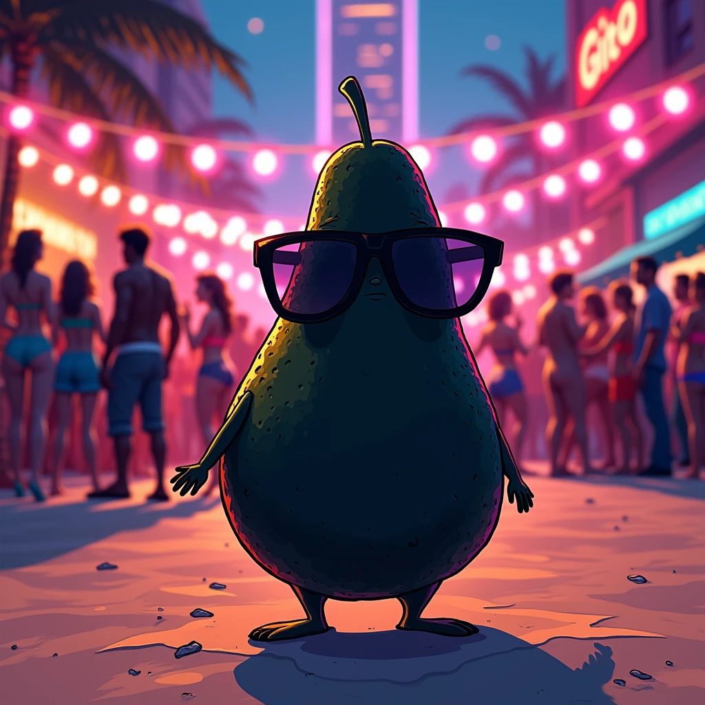 Black shadow of an avocado with glasses at a party in cartoon style, Vice City GTA, sand background