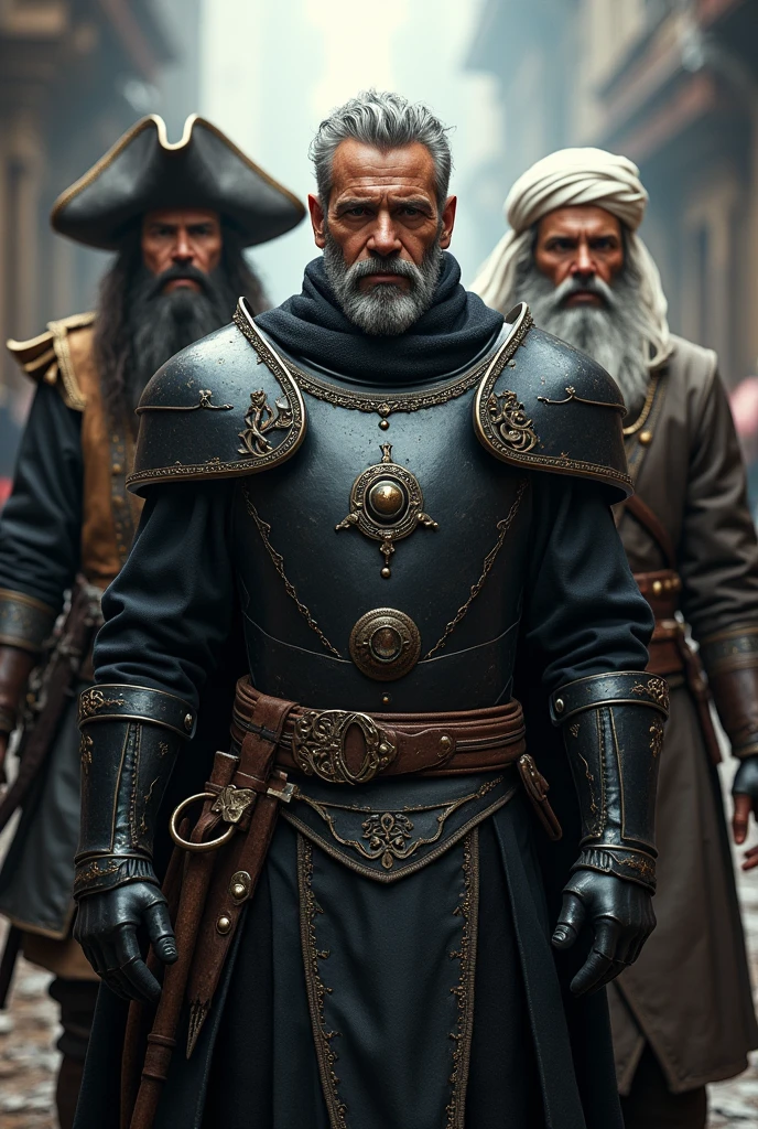 A group of adventurers consisting of a paldin wearing black armor, the paladin is around 40 years old and has gray hair and beard, a pirate, young man of about 30 years old, wearing entirely black clothes and wearing an oriental straw hat and, finally a wizard, the wizard looks like Bela Lugosi in Chandu, The Magician, a 40 year old wizard, sem beard, with a very white turban, oe carries a crystal ball. Image generated in a photorealistic style


