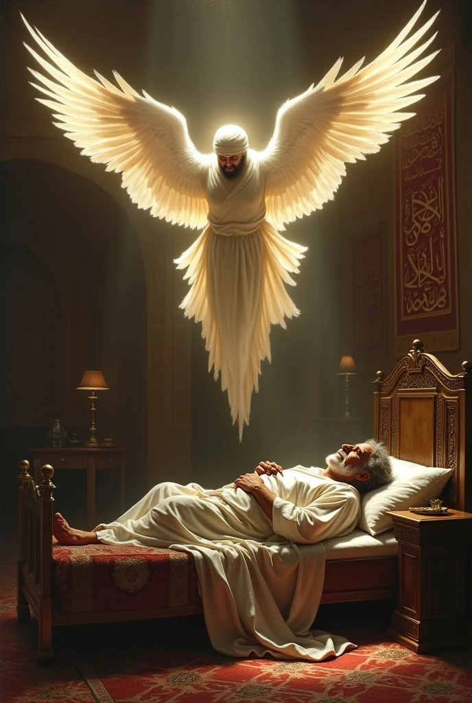 make me a picture of a dying Abu Jahl being visited by the angel Ijroil (9:16)