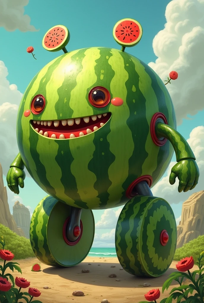 A non-existent being that has a watermelon body, legs made of wheels, that the arms are made of seeds and the head is the body of the watermelon