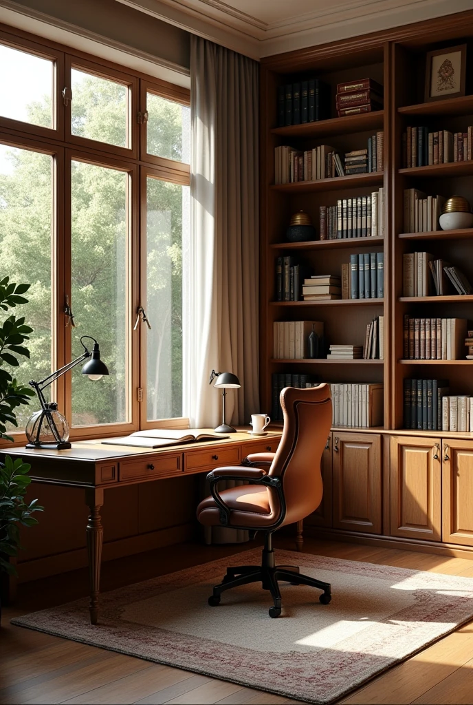 Private home office with a wooden table against the wall