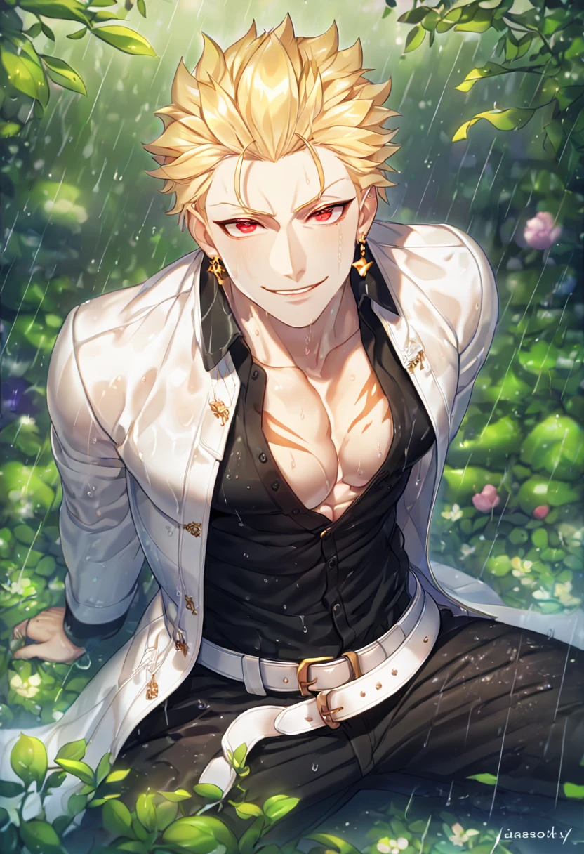 absurdres, highres, ultra detailed, HDR, master piece, best quality, extremely detailed, detailed eyes, detailed face, Gilgamesh, blonde hair, hair slicked up, ruffled hair, golden earrings, expressive red eyes, Fate Stay Night, solo, sexy man sitting, handsome, horny, lewd, manly man, adult face, sensual, smile, wet, white coat with fur, black shirt, showing the chest, black pants, white belt, unbuttoned shirt, black pants, spring, flowers, green leaves, magical forest, dark fantasy, rain, night