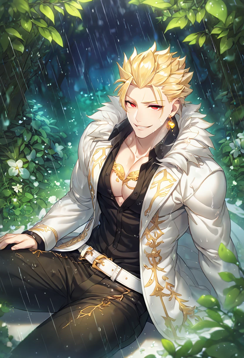 absurdres, highres, ultra detailed, HDR, master piece, best quality, extremely detailed, detailed eyes, detailed face, Gilgamesh, blonde hair, hair slicked up, ruffled hair, golden earrings, expressive red eyes, Fate Stay Night, solo, sexy man sitting, handsome, horny, lewd, manly man, adult face, sensual, smile, wet, white coat with fur, black shirt, showing the chest, black pants, white belt, unbuttoned shirt, black pants, spring, flowers, green leaves, magical forest, dark fantasy, rain, night