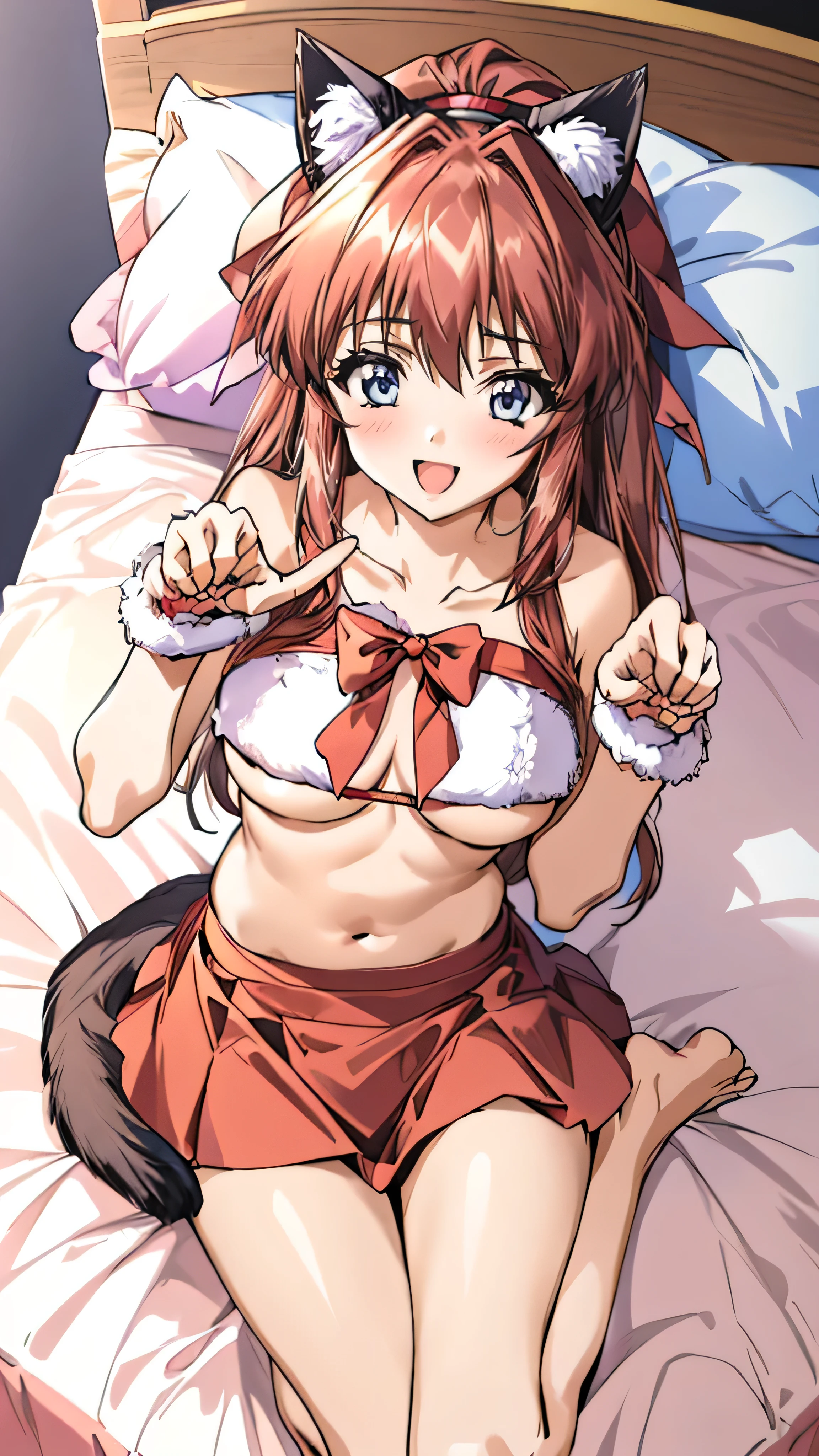 (Anime artwork, Anime Style, Studio Anime, Very detailed, up to date, Vibrant, Anime Coloring Book, High Contrast, masterpiece:1.2, Highest quality, Best aesthetics), (Beautiful and detailed:1.2), Aoikan, (1girl:1.3), hair ribbon, blush, (red bandeau top bra, fur-trimmed skirt, underboob, fake_animal_ears,cat:1.1, santa costume, red skirt), (((bed room:1.1))), Cute Smile Open your mouth On the bed,((paw pose:1.4)), Pink Good, From above, No pants,Two Arms,(Accurate fingertips, Browse 4, Thumb 1),wink,barefoot,