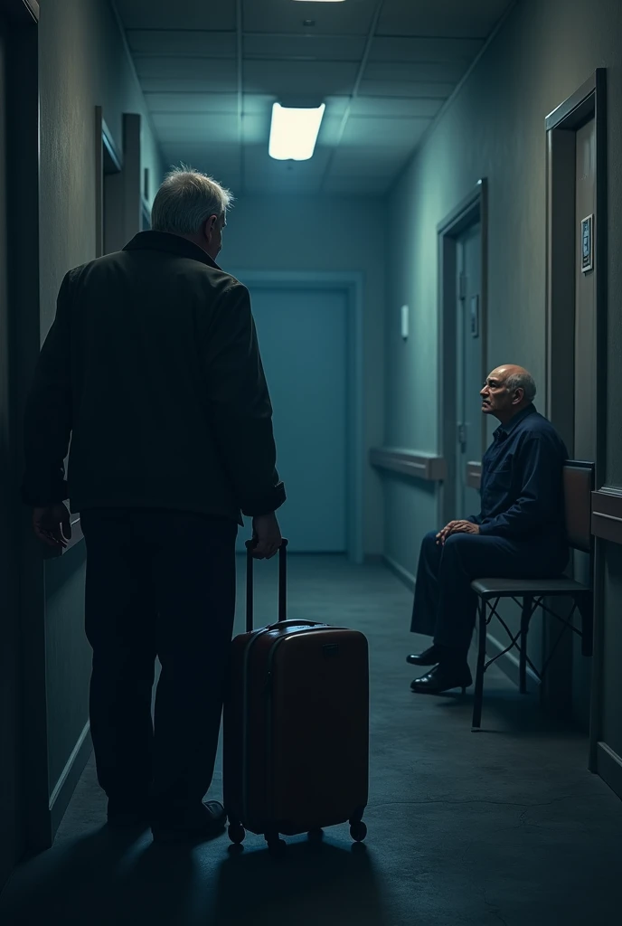 A melancholic scene in a dimly lit nursing home hallway. A middle-aged man, shown from the back or in profile, is holding a suitcase in one hand, hesitating as he prepares to leave. In the background, a frail elderly man sits in a wheelchair or on a bench against the wall, his expression a mix of sadness and understanding. The elderly man has a tear or a glimmer in his eye, emphasizing the emotional weight of the moment. The colors are predominantly cool, with shades of dark blue and gray, accented by a soft, warm light that creates a subtle contrast. Text overlay: 'The price of choice...' or 'A decision that changes everything...' in impactful, slightly shadowed letters."