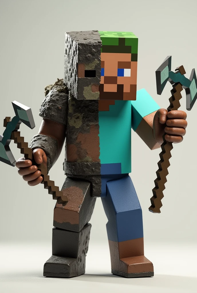 a character in the center that is half ark survival evolved character, holding a pickaxe from ark survival evolvedgame. and the other half a Minecraft character with a pickaxe from minecraft in hand.