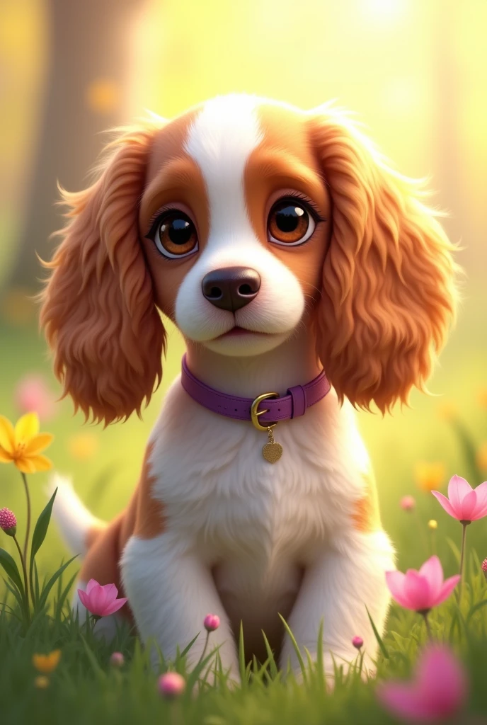 Spring background with a female big-eared cocker spaniel dog with sweet eyes and a purple collar, white breast on one side