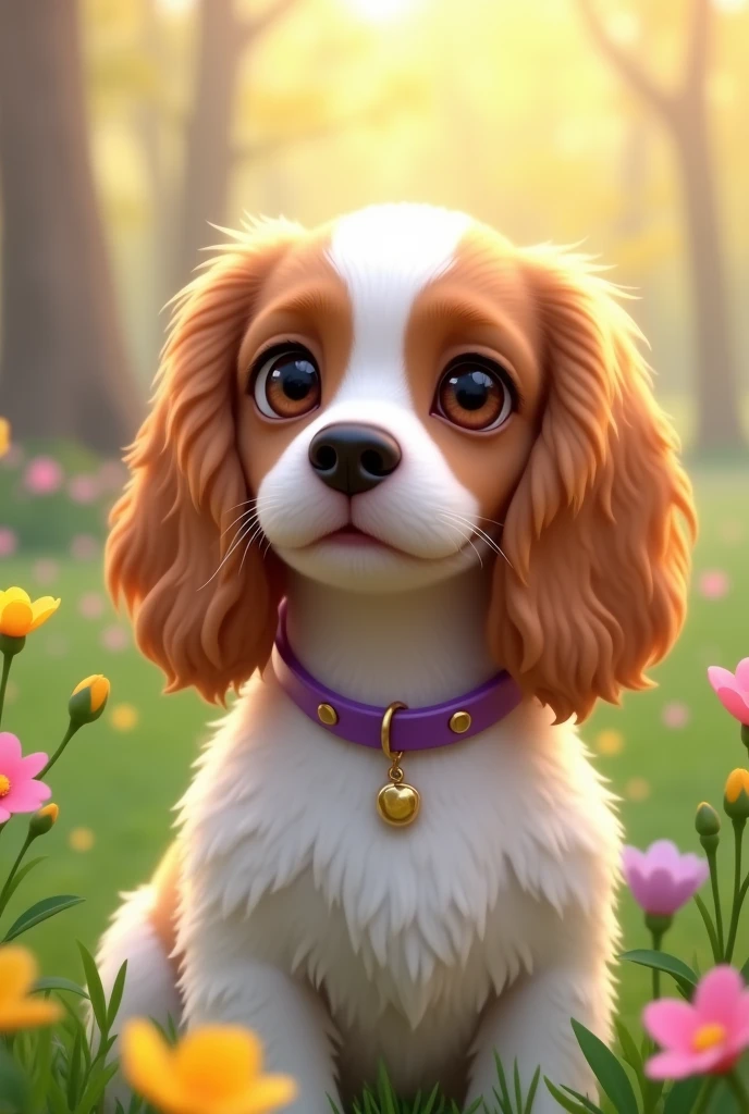 Spring background with a female big-eared cocker spaniel dog with sweet eyes and a purple collar, white breast on one side