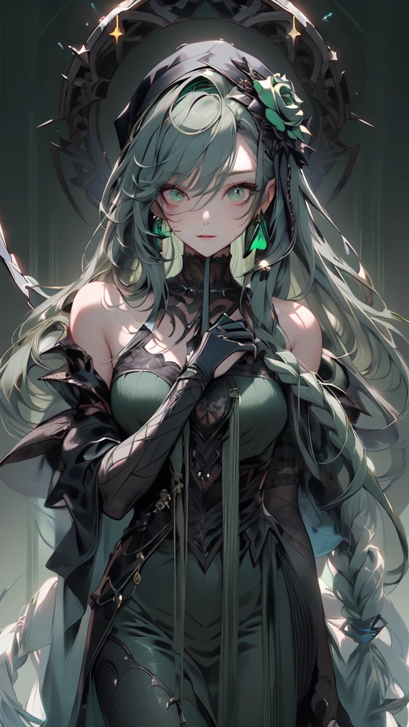 (masterpiece:1.2), highest quality, 1 female, alone, long long gray hair,   very long hair, bangs, (dark green background:1.4), dark green eyes, black bonnet with dark green rose decoration, black gothic dress
