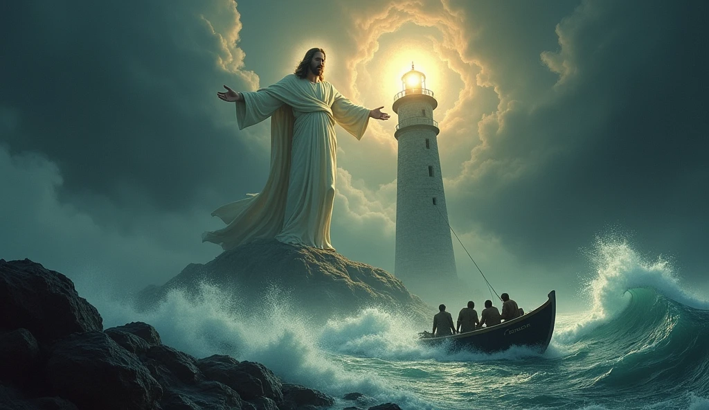 Jesus as a lighthouse in a storm, guiding a boat named "Career" to safe waters.