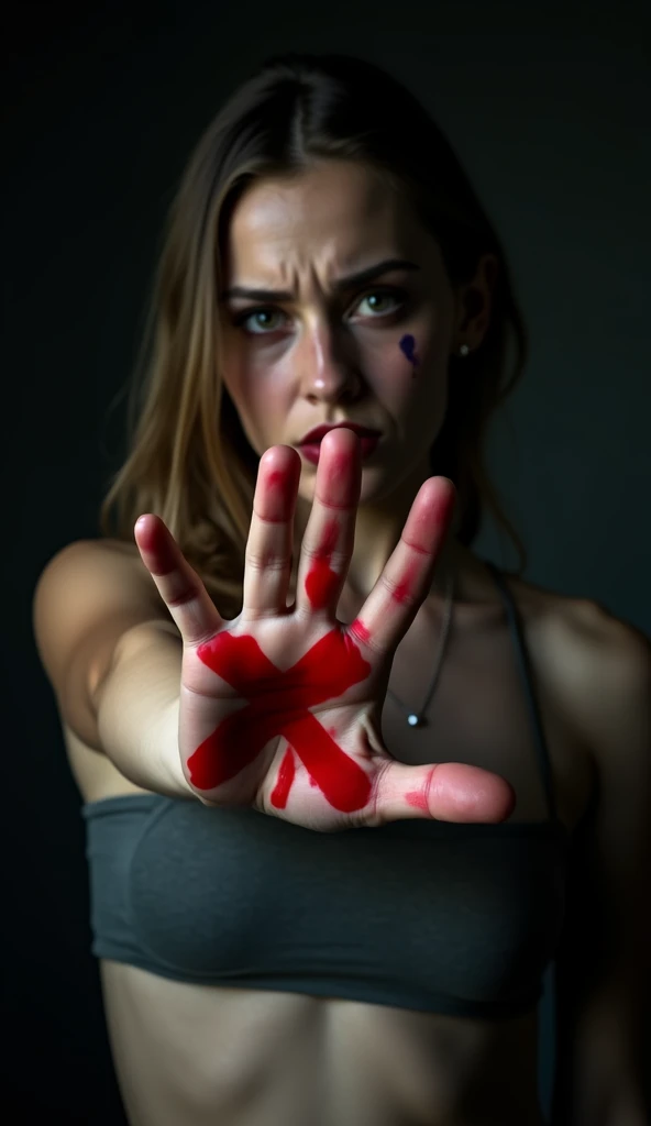 A photorealistic, dramatic photo of a woman from the waist up, holding her hand with a red "X" towards the camera. Her eyes and face expression show deep fear and pain, with bruised eyes and black makeup smeared across her face. Set against a dark background, the shot captures her torso and face, emphasizing her vulnerability and the powerful message against violence.