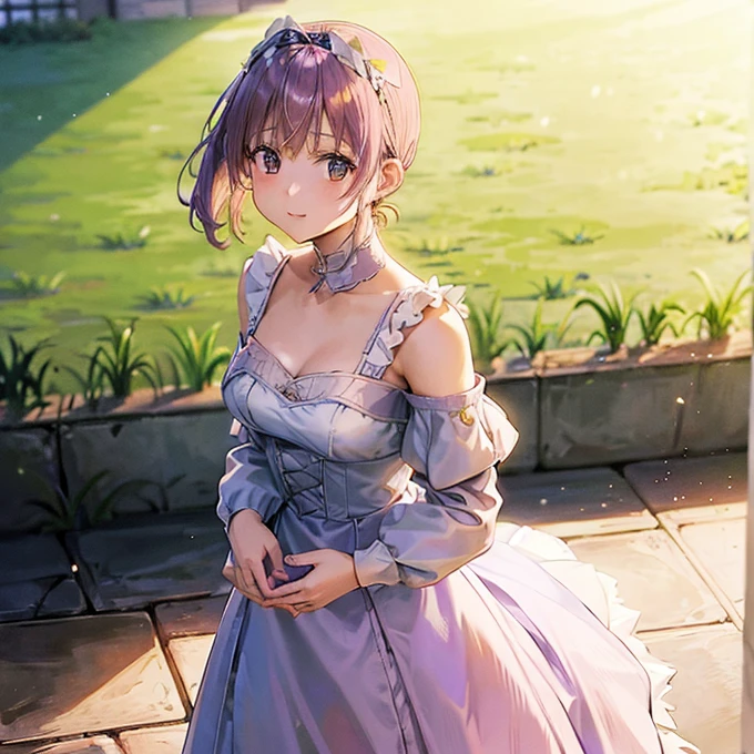 Young elementary school girl, lilac hair, side ponytail, princess crown, purple eyes, white dress, flat chest, medieval, gentle smile, standing, sunlight, royal palace