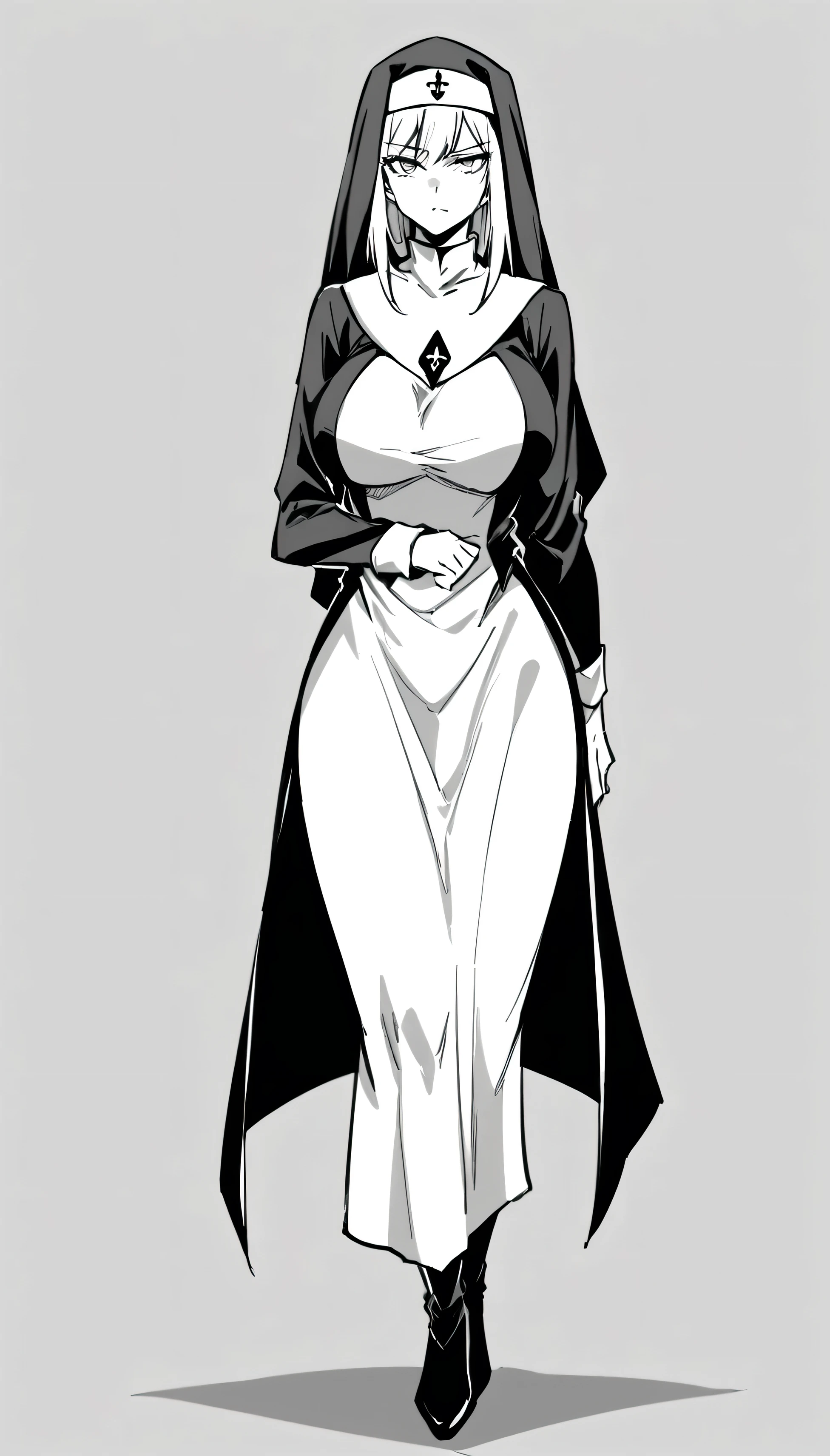 A beautiful women, large breasts, full body, in nun dress staring at me with indifferent gaze, like I'm not existing for her, black and white manga image.