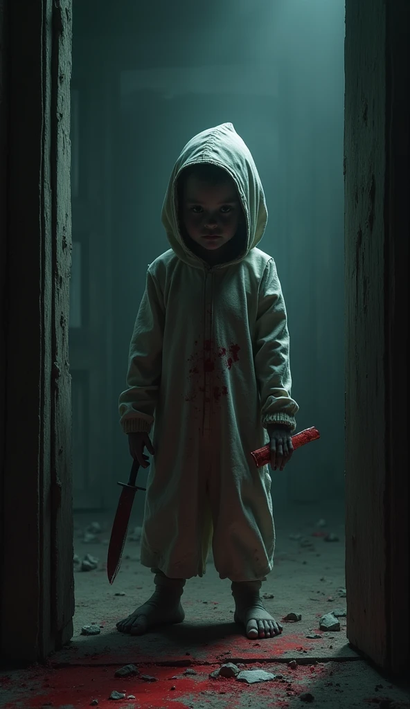 Scary ghost of a child standing in the corner of the house with blood stained clothes and holding a knife In the dark