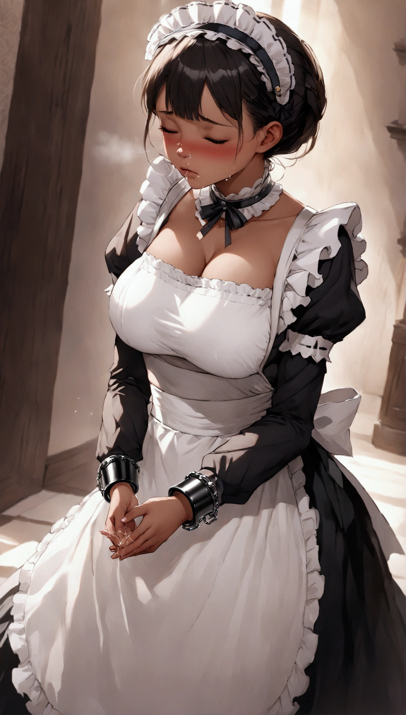 (Masterpiece. Best quality. 8K. Sharp focus. Depth of field, Best shadows. Perfect lighting. HDR. Realistic skin texture. Ultra-detailed background. Detailing.) 1 girl. Maid. Slave. Maid uniform. Slave collar. Shackles. Big boobs. Snotty sneezing. Snot. Nasal mucus. Snotty splashes. Achoo. Sneezing into hands. Standing. Full body.