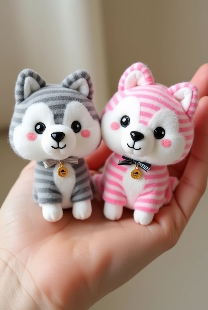 Produk desain,mini plushie, a chuby husky With grey stripes, and a chuby husky with pink stripes, The material is made of fur doll from the Miniso brand, kawaii design, ribbons around their necks, The brand's eyes are made of black amigurumi eyes, and the nose is black, the cat's whiskers are made of black thread ,Head size is larger than body, Product photo with plushie in the palm of the hand