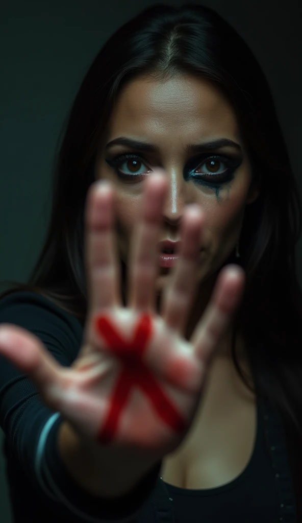 A high-definition, photorealistic image of a woman’s hand held up to the camera, marked with a red "X" on the palm. She has a crying, hurt face with bruised eyes, and her makeup is running down from the tears and abuse. The dark background and dramatic lighting emphasize her pain and determination to stand against violence.
