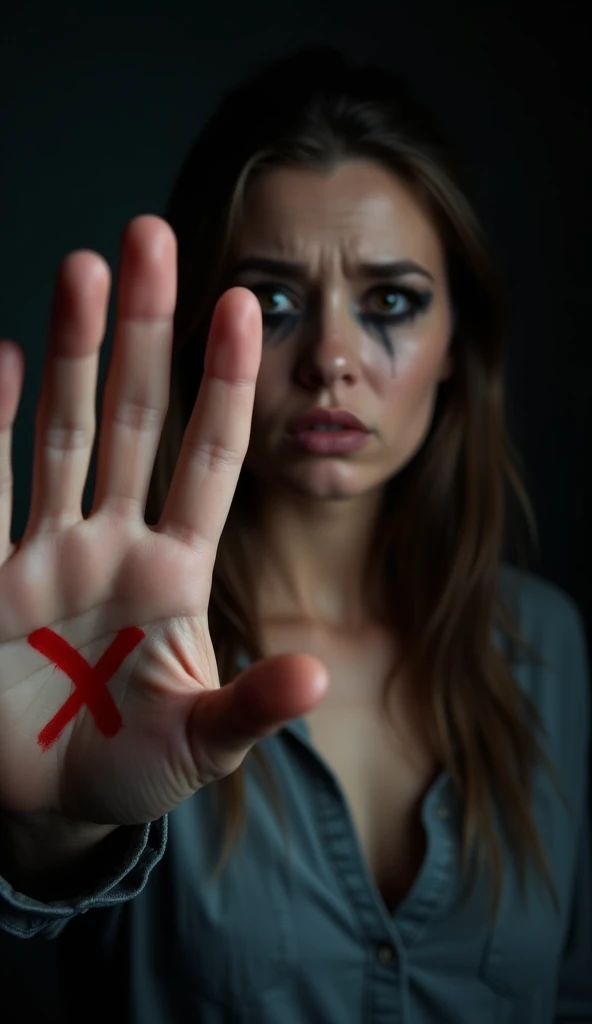 A close-up, high-resolution image of a woman from the waist up, raising her hand with a red "X" on the palm to the camera. Her face, framed by the shot, reveals fear in her eyes and a pained expression, with bruised eyes and black makeup smeared from crying. The dark setting and intense lighting highlight her suffering and powerful stance against abuse.

