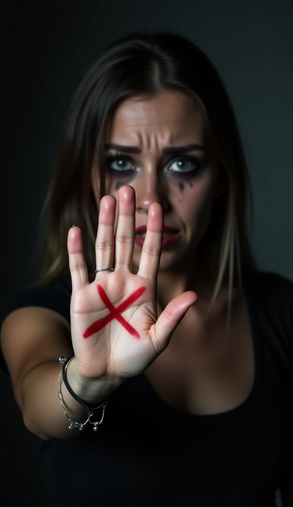 A close-up, high-resolution image of a woman from the waist up, raising her hand with a red "X" on the palm to the camera. Her face, framed by the shot, reveals fear in her eyes and a pained expression, with bruised eyes and black makeup smeared from crying. The dark setting and intense lighting highlight her suffering and powerful stance against abuse.