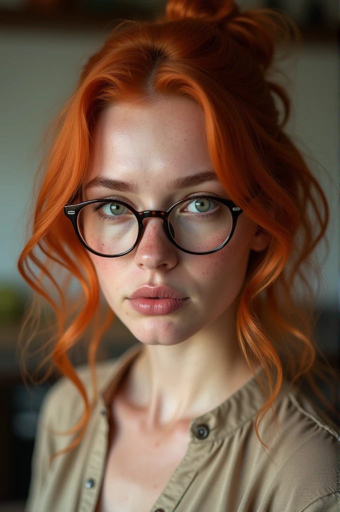 A red-haired female influencer with green eyes, an innocent look and full lips. freckles on her cheeks.. wears glasses. attractive. Full body wide shot from head to toe. in 8k. very detailed, masterpiece, best quality, extremely detailed, hyperrealistic, photorealistic, dans la cuisine