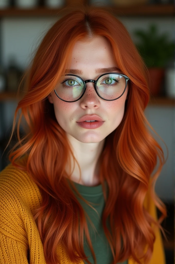 A red-haired female influencer with green eyes, an innocent look and full lips. freckles on her cheeks.. wears glasses. attractive. Full body wide shot from head to toe. in 8k. very detailed, masterpiece, best quality, extremely detailed, hyperrealistic, photorealistic, dans la cuisine