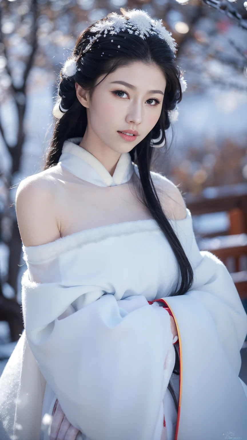 1 Fashion Model [[[[close up]]]], [[[[neck]]]], [[[[Shoulder]]]], (((Complete head)))，(((Complete hairstyle)))，Perfect eyes, Perfect Iris，Perfect lips，Perfect Teeth，Perfect skin，White skin，Soft headlights，High-density imaging，Black long hair，（Clean and delicate face），((Simple fur winter Hanfu))，((Half-length photo))，((The background is a snowy scene))，((winter))，((Various dynamic poses))，((The background is a snowy scene))，best quality，masterpiece，（Soft colors：1.2）