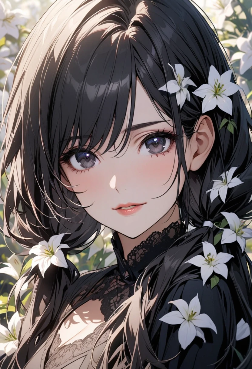 girl, mature, black eyes, black hair, long hair, white flower, beautiful eyes, beautiful color, high detail, low twin tails