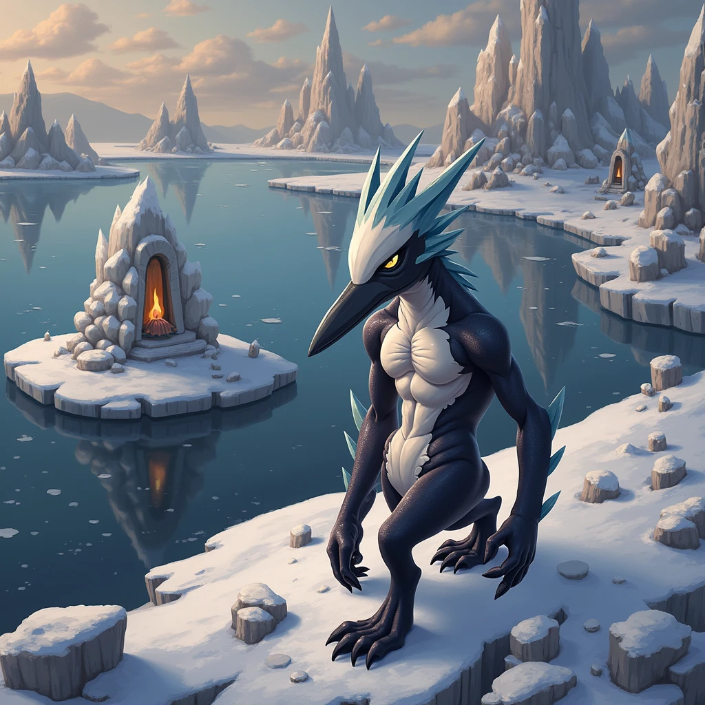 a "Snow Zora", a creature with dark and light colorations, resembling a "Pengator" from a distance. This creature lives in houses made of snow and ice, located near icy waters or on the sides of icebergs.