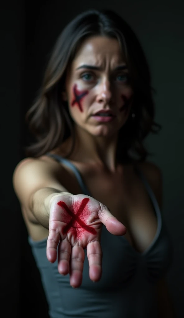 A striking, photorealistic image of a woman from the waist up, extending her hand with a red "X" on the palm towards the camera. Her face shows clear fear and distress, with bruised eyes and black makeup smeared across her skin, reflecting the pain of abuse. The dark background and dramatic lighting add depth to her emotional and powerful message.
