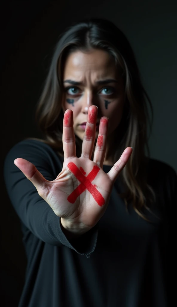 A striking, photorealistic image of a woman from the waist up, extending her hand with a red "X" on the palm towards the camera. Her face shows clear fear and distress, with bruised eyes and black makeup smeared across her skin, reflecting the pain of abuse. The dark background and dramatic lighting add depth to her emotional and powerful message.