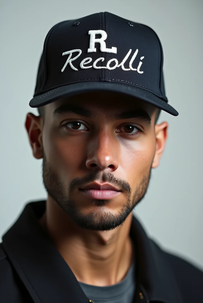 Man wearing a cap with the RECOLLI brand in the five panel model. Cool lettering font and 2 L