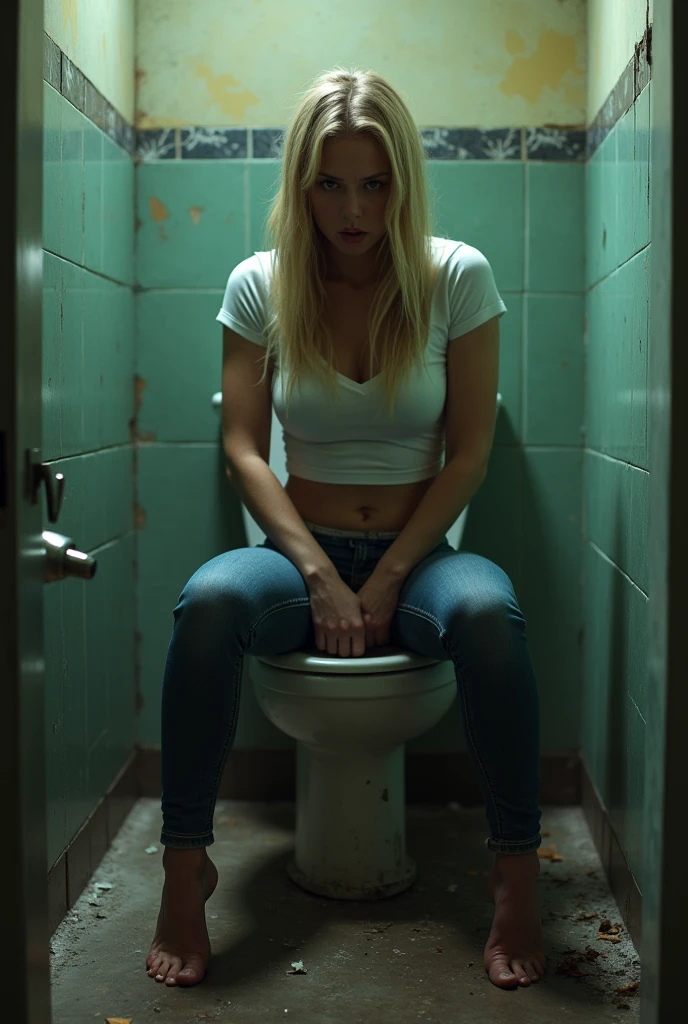 (Old public toilet)blonde white woman.Wear skinny jeans that fit your body well and a short-sleeved T-shirt that fits your body well....squat on the toilet.very big breasts.very big breasts.jib.((8k)).A woman sits on a toilet and pulls down her pants..Make a scared face.slim woman.Young woman in her 20s.Woman taped to toilet.