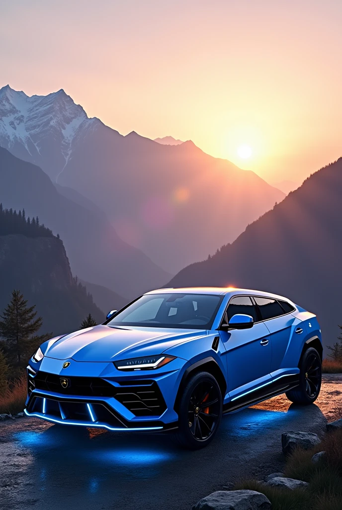 Lamborghini urus blue+white at Kashmir at sunset point with neon light 
